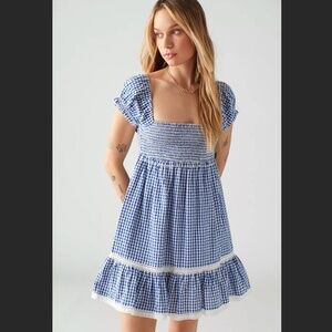 UO Marseille Gingham Smocked Mini Dress